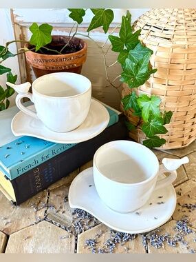 Vintage Set of 2-World Market “Bird on a Branch”  Teacups & Saucers, White & Tan